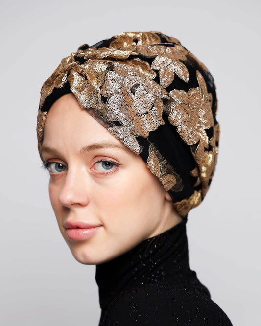 Golden Flower Sequin Turban